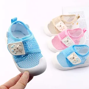 Baby Toddler Walking Shoes Hollow Mesh Breathable Non-Slip Soft Sole Cartoon Bear Velcro Sandals For 0-2 Years Old Boys Girls