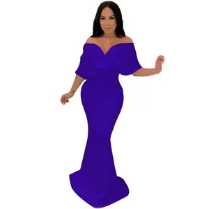 Elegant royal blue off-shoulder mermaid dress with ruffled bodice for formal evening wear.