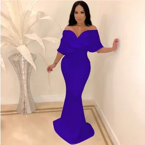 Elegant off-shoulder mermaid maxi dress in vibrant royal blue with delicate fold detail.