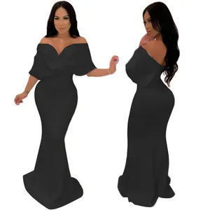 Front and side detailed views of a sexy black off-shoulder backless mermaid dress