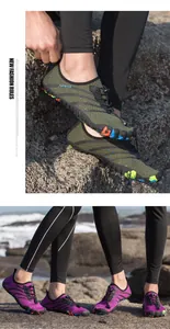 Detail shot of quick-dry water shoes for men and women in outdoor rocky beach setting