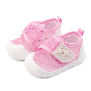Pink breathable mesh baby walking shoes with soft soles and bear velcro strap