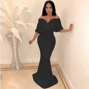 Detailed view of elegant off-the-shoulder black mermaid evening gown