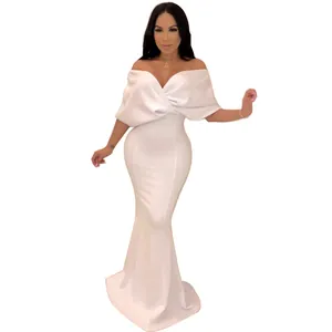 Elegant white off-the-shoulder mermaid evening gown with backless design and slim fit