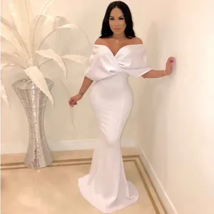 Elegant white off-the-shoulder mermaid evening dress featuring a flattering slim fit design.