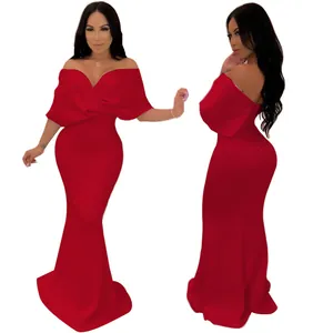 Elegant red off-shoulder mermaid evening gown with a sexy backless knit party design