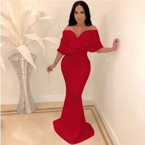 Elegant red off-the-shoulder mermaid evening gown with stylish draped bodice detail