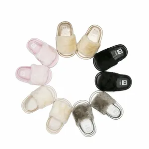 Selection of colorful fluffy baby sandals for infants aged 0-1 years old.