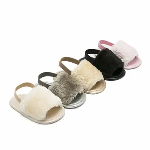 Detailed view of soft faux fur baby sandals in multiple colors with elastic straps.