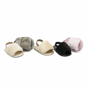 Detailed view of fluffy baby sandals in cream, grey, gold, black and pink colors.