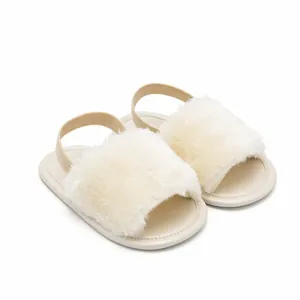 Close-up of soft cream fuzzy baby sandals featuring a secure and comfortable elastic heel strap