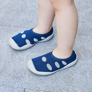 Toddler breathable navy blue polka dot sock shoes featuring soft non-slip grey soles