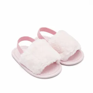 High-quality close-up detail of soft pink furry sandals for baby girls summer walking