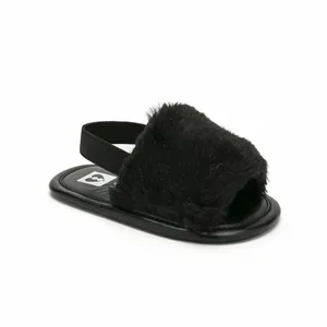 Detailed close-up of soft black fluffy baby sandals with elastic back strap for infants
