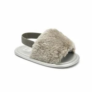 Soft grey faux fur baby sandals with elastic back strap and metallic silver sole.