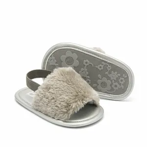 Soft faux fur baby sandals featuring elastic heel strap and floral anti-slip sole design