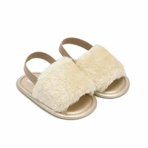 Detail view of fuzzy baby sandals with champagne gold metallic sole and elastic strap