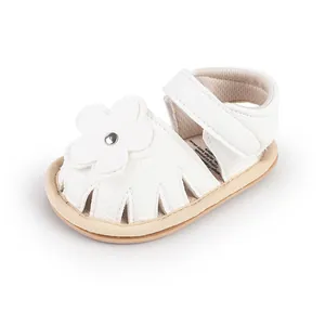 White baby walker sandal with 3D flower decoration and adjustable strap for infants