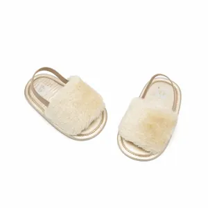 Detail view of cream fluffy baby sandals with elastic back strap and gold sole