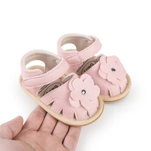 Pink baby girl flower sandals soft sole prewalker shoes with adjustable strap