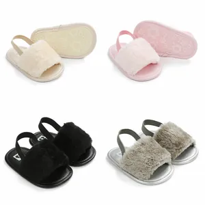 Baby Girl Faux Fur Princess Prewalker Shoes Elastic Back Strap Soft Sole Toddler First Walkers Flat Sandals Floral Anti-Slip Summer Infant Shoes