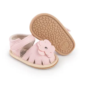 Close-up of pink baby pre-walker sandals with floral design and anti-slip sole detail.