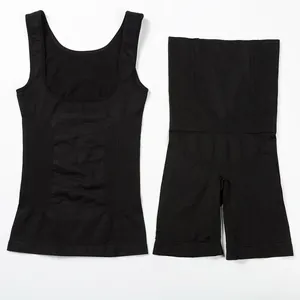 Flachliegendes schwarzes Postpartum-Shapewear-Set mit U-Ausschnitt-Weste und hoher Taille.