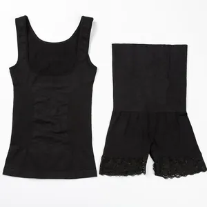 Schwarzes Postpartum-Shapewear-Set mit U-Ausschnitt-Weste und Spitzen-Abnehm-Shorts