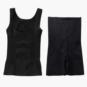 Schwarzes zweiteiliges Shapewear-Set mit U-Ausschnitt-Top und hoher Miederhose