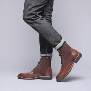 Men's high-top brown leather Martin boots with suede paneling for outdoor wear