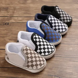 A collection of soft-sole baby slip-on walker shoes featuring classic checkerboard patterns