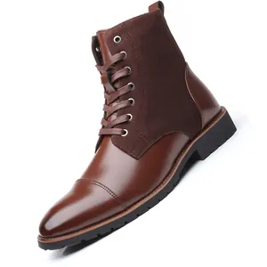Premium men's brown leather Martin boots with suede panels and lace-up closure