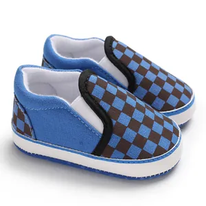 Blue and brown checkerboard soft sole baby slip-on walker shoes for infants 0-1Y