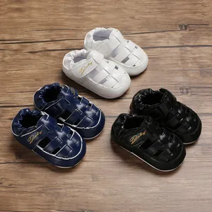 Detailed view of three pairs of baby pre-walker sandals in white, navy, and black