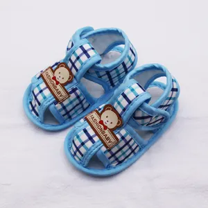 Blue plaid newborn infant sandals with soft cloth sole and cute bear for 0-12 months