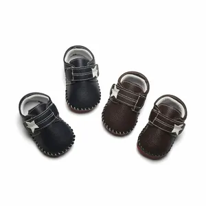 Chaussures de marche bébé en cuir souple bleu marine et marron avec détail d'étoile blanche