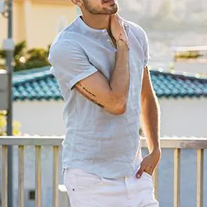 Chemise décontractée à manches courtes pour homme avec col mandarin chic en tissu lin bleu