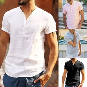 Chemise Henley pour Homme Mélange de Coton Col Officier Chemise Décontractée Respirante Coupe Ample Manches Courtes Patchwork