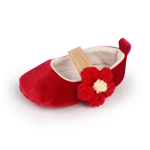 Red velvet baby girl Mary Jane walker shoes with a handmade red crochet flower detail