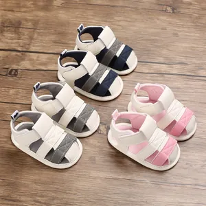 Detailed view of multi-color soft-sole infant summer sandals in navy, grey, and pink options.