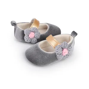 Grey velvet baby girl princess walking shoes with gold strap and flower decoration