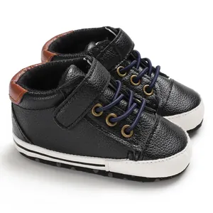 Close-up detail of high-top leather baby walking shoes with soft anti-slip soles