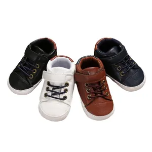 Premium soft sole high-top leather baby walking shoes in four colors on white background