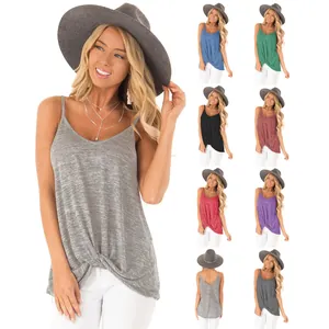 Women's casual sleeveless V-neck tank top with twist knot hem, available in multiple colors