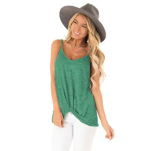 Detail view of a green twist-knot camisole tank top with thin straps and V-neckline.