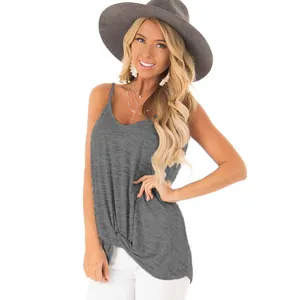 Detailed shot of a grey v-neck tank top featuring a unique twisted knot design on the front.