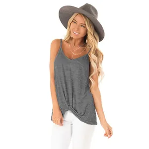 Detailed look of a women's gray sleeveless tank top with a stylish front twist knot