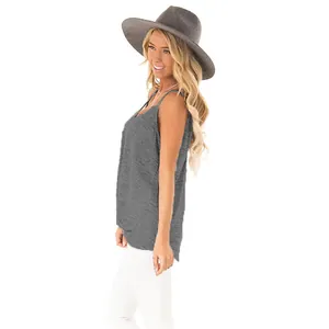 Detailed side view of a stylish grey sleeveless V-neck tank top for women's summer wear