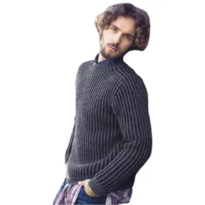 Classic grey ribbed knit men's sweater for autumn and winter, stylish casual pullover.