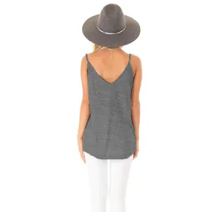 Detailed back view of a gray sleeveless summer camisole featuring a deep V-cut design